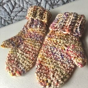 Multicoloured Hand knit kids mittens w rainbow feel and sparkle